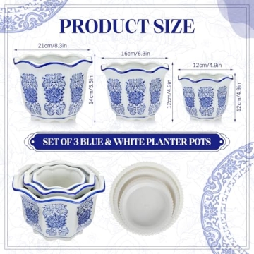 Briwooody Set of 3 Elegant Blue and White Flower Pots