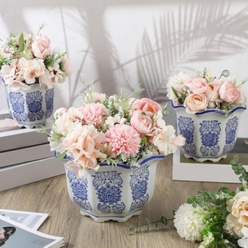 Briwooody Set of 3 Elegant Blue and White Flower Pots