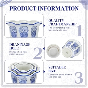 Briwooody Set of 3 Elegant Blue and White Flower Pots