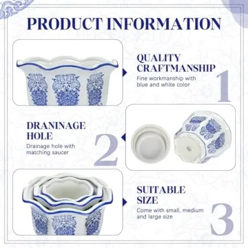 Briwooody Set of 3 Elegant Blue and White Flower Pots