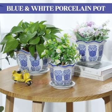 Briwooody Set of 3 Elegant Blue and White Flower Pots