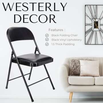 Westerly Folding Chair, Indoor Outdoor Portable Stackable Commercial Seat, Capacity for Events Office Wedding Party Picnic Kitchen Dining, 2 Pack, Black