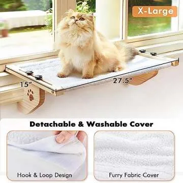 AMOSIJOY Cat Sill Window Perch Sturdy Cat Hammock Window Seat with Wood & Metal Frame for Large Cats, Easy to Adjust Cat Bed for Windowsill, Bedside, Drawer and Cabinet