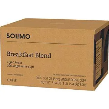 Amazon Brand - Solimo Light Roast Coffee Pods, Breakfast Blend, Compatible with Keurig 2.0 K-Cup Brewers, 100 Count