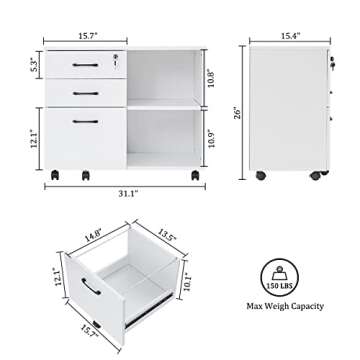 Wood File Cabinet with Rolling Wheels and Open Storage