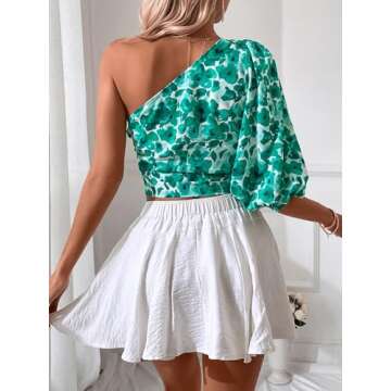 SweatyRocks Women's Floral Print One Shoulder Crop Blouse Puff Sleeve Asymmetrical Neck Shirts Green Small