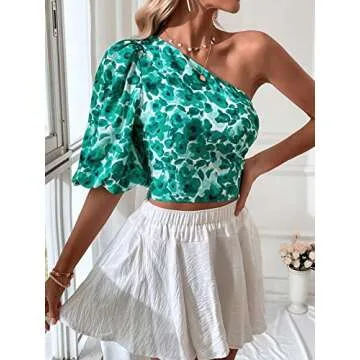 SweatyRocks Women's Floral Print One Shoulder Crop Blouse Puff Sleeve Asymmetrical Neck Shirts Green Small