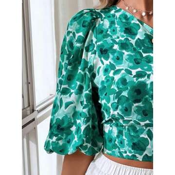 SweatyRocks Women's Floral Print One Shoulder Crop Blouse Puff Sleeve Asymmetrical Neck Shirts Green Small