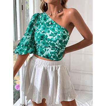 SweatyRocks Women's Floral Print One Shoulder Crop Blouse Puff Sleeve Asymmetrical Neck Shirts Green Small