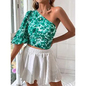 SweatyRocks Women's Floral Print One Shoulder Crop Blouse Puff Sleeve Asymmetrical Neck Shirts Green Small