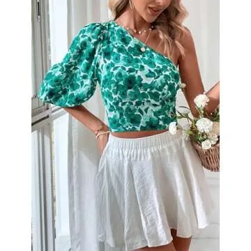 SweatyRocks Women's Floral Print One Shoulder Crop Blouse Puff Sleeve Asymmetrical Neck Shirts Green Small