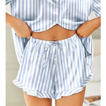 HOTOUCH Womens Silk Satin Pajamas Set Button Down Short Sleeve Sleepwear Set 2 Piece Ruffled Pjs Blue Striped, M