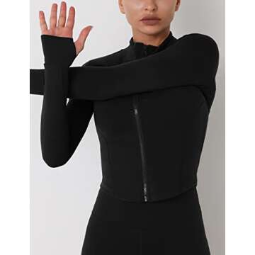 Fenclushy Womens Cropped Slim Athletic Yoga Workout Track Sports Zip Up Jacket with Thumb Holes(Black,XL)