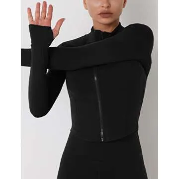 Fenclushy Womens Cropped Slim Athletic Yoga Workout Track Sports Zip Up Jacket with Thumb Holes(Black,XL)