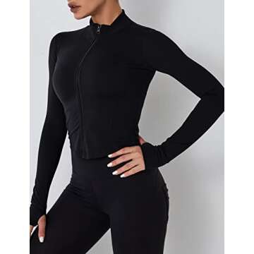 Fenclushy Womens Cropped Slim Athletic Yoga Workout Track Sports Zip Up Jacket with Thumb Holes(Black,XL)