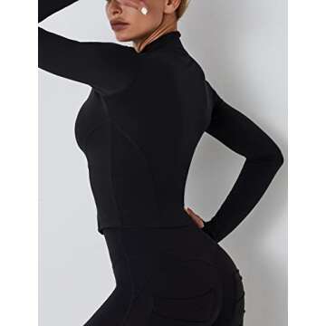 Fenclushy Womens Cropped Slim Athletic Yoga Workout Track Sports Zip Up Jacket with Thumb Holes(Black,XL)