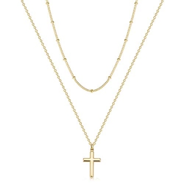 Fettero Cross Necklace Layered Gold Satellite Chain Choker Faith Pendant 14K Gold Plated Dainty Chai...