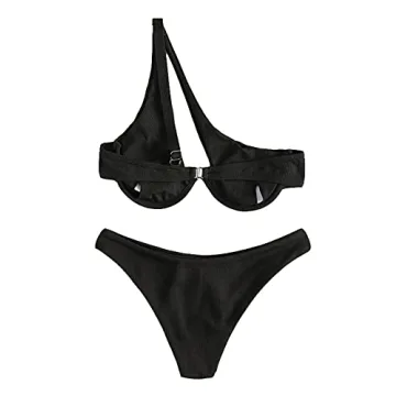 Lilosy Ribbed Underwire One Shoulder Bikini Black