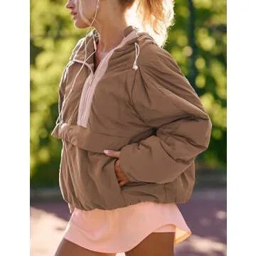 Ynhonra Womens Crew Neck Pullover Puffer Long Sleeve Loose Jacket Half Zip Hooded Coat with Drawstring(Brown-Medium)