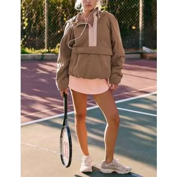 Ynhonra Womens Crew Neck Pullover Puffer Long Sleeve Loose Jacket Half Zip Hooded Coat with Drawstring(Brown-Medium)