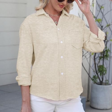 Hixiaohe Women's Button-Up Shirt Collared Long Sleeve Blouse