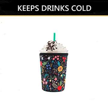YR Reusable Neoprene Insulator Sleeve for Iced Coffee Cups, 3 Pack Coffee Coolies sleeves for Iced & Hot Drinks, Cold Beverage Cooler Compatible with Starbucks Dunkin Coffee and More (Little Flower)