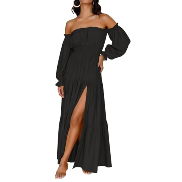 ZESICA Women's Boho Sexy Off Shoulder Long Sleeve Smocked High Waist Side Split Flowy A Line Tiered ...