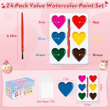 Valentines'Day Gifts for Kids, 24 Packs Heart Watercolor Paint Sets with Dessert Food Painting Cards, Classroom School Exchange Prizes & Art Party Favors for Boys Girls