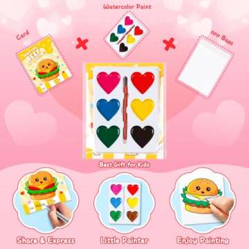 Valentines'Day Gifts for Kids, 24 Packs Heart Watercolor Paint Sets with Dessert Food Painting Cards, Classroom School Exchange Prizes & Art Party Favors for Boys Girls
