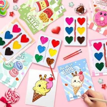Valentines'Day Gifts for Kids, 24 Packs Heart Watercolor Paint Sets with Dessert Food Painting Cards, Classroom School Exchange Prizes & Art Party Favors for Boys Girls