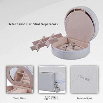 Equuleus Travel Jewelry Box for Women (WHITE) Portable Jewelry, Earring Holder and Ring Storage Case with Compartment Organizer