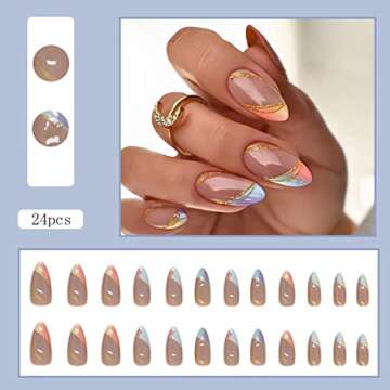 24 Pcs Line Press on Nails Short, Oval Shape Fake Nails Almond Glossy Short False Nails Gradient French Stripe Wave Glue on Nails Artificial Finger Manicure Press on Nails for Women and Girls