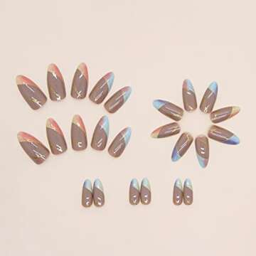 24 Pcs Line Press on Nails Short, Oval Shape Fake Nails Almond Glossy Short False Nails Gradient French Stripe Wave Glue on Nails Artificial Finger Manicure Press on Nails for Women and Girls