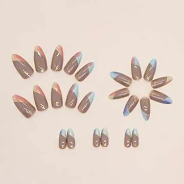 24 Pcs Line Press on Nails Short, Oval Shape Fake Nails Almond Glossy Short False Nails Gradient French Stripe Wave Glue on Nails Artificial Finger Manicure Press on Nails for Women and Girls