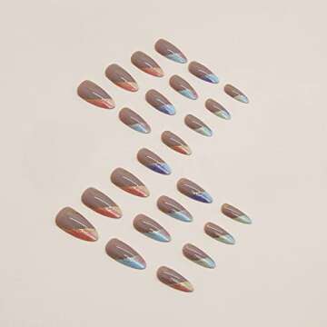 24 Pcs Line Press on Nails Short, Oval Shape Fake Nails Almond Glossy Short False Nails Gradient French Stripe Wave Glue on Nails Artificial Finger Manicure Press on Nails for Women and Girls