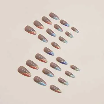 24 Pcs Line Press on Nails Short, Oval Shape Fake Nails Almond Glossy Short False Nails Gradient French Stripe Wave Glue on Nails Artificial Finger Manicure Press on Nails for Women and Girls