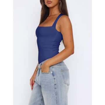 REORIA Womens Summer Sexy Sleeveless Square Neck Double Lined Going Out Cute Thong Bodysuit Tank Tops Dark Blue Small