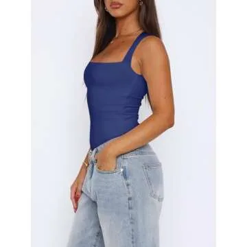 REORIA Womens Summer Sexy Sleeveless Square Neck Double Lined Going Out Cute Thong Bodysuit Tank Tops Dark Blue Small