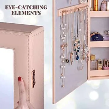 LUXFURNI Jewelry Armoire with Full-Length Mirror in Peach