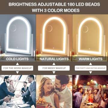 Gvnkvn Lighted Makeup Mirror, Hollywood Vanity Mirror with Lights, Three Color Lighting Modes, and Detachable 10X Magnification Mirror, Smart Touch Control, 360°Rotation (15.2in. Curved)