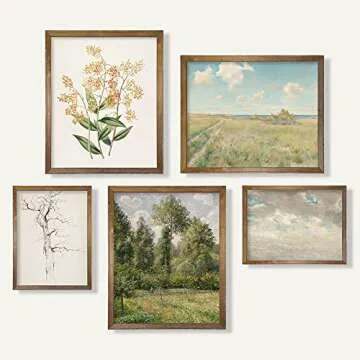 Vintage Botanical Room Decor - Sage Green Neutral Wall Art for Rustic Farmhouse Kitchen, Bathroom, Bedroom Poster Print Wall Decor - Preppy Room Decor Aesthetic Vintage, Nature, Tree Sketch Set of 5