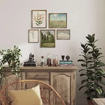 Vintage Botanical Room Decor - Sage Green Neutral Wall Art for Rustic Farmhouse Kitchen, Bathroom, Bedroom Poster Print Wall Decor - Preppy Room Decor Aesthetic Vintage, Nature, Tree Sketch Set of 5