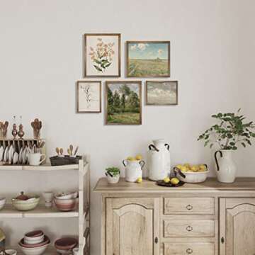 Vintage Botanical Room Decor - Sage Green Neutral Wall Art for Rustic Farmhouse Kitchen, Bathroom, Bedroom Poster Print Wall Decor - Preppy Room Decor Aesthetic Vintage, Nature, Tree Sketch Set of 5