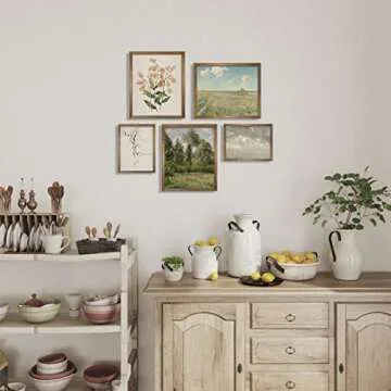 Vintage Botanical Room Decor - Sage Green Neutral Wall Art for Rustic Farmhouse Kitchen, Bathroom, Bedroom Poster Print Wall Decor - Preppy Room Decor Aesthetic Vintage, Nature, Tree Sketch Set of 5