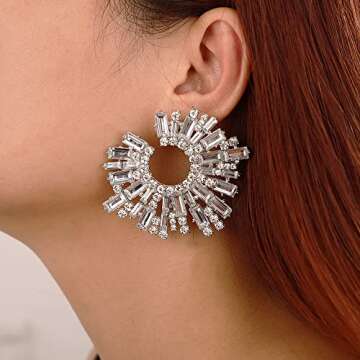 Wiwpar Fashion Crystal Big Statement Off-White Earrings for Women Sparkly Round Shape Earrings Bohem...