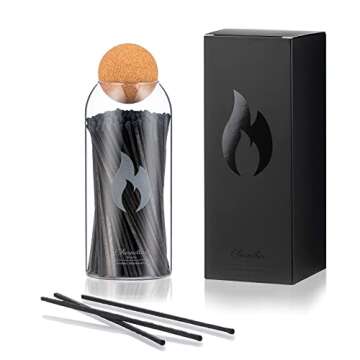 Fireplace - Candle Matches | Apothecary Decorative Glass Bottle - Approx. 200 Long Matchsticks in Jar (All Black)