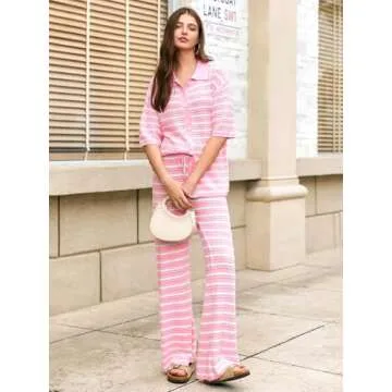 Tankaneo Womens Knit 2 Piece Lounge Sets Striped Short Sleeve Tops and Wide Leg Pants Travel Airport...