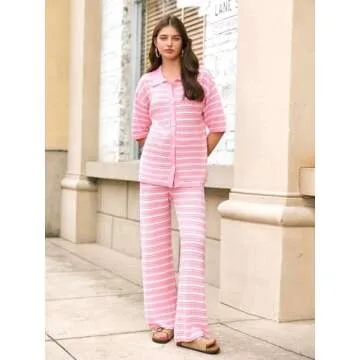 Tankaneo Womens Knit 2 Piece Lounge Sets Striped Short Sleeve Tops and Wide Leg Pants Travel Airport Vacation Outfits Pink