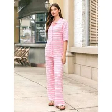 Tankaneo Womens Knit 2 Piece Lounge Sets Striped Short Sleeve Tops and Wide Leg Pants Travel Airport Vacation Outfits Pink