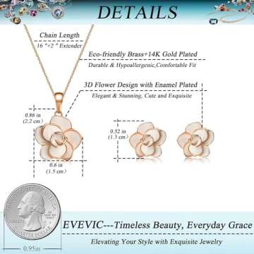 EVEVIC Rose Flower Necklace Earrings Set for Women 18K Gold Plated Jewelry Sets (White)